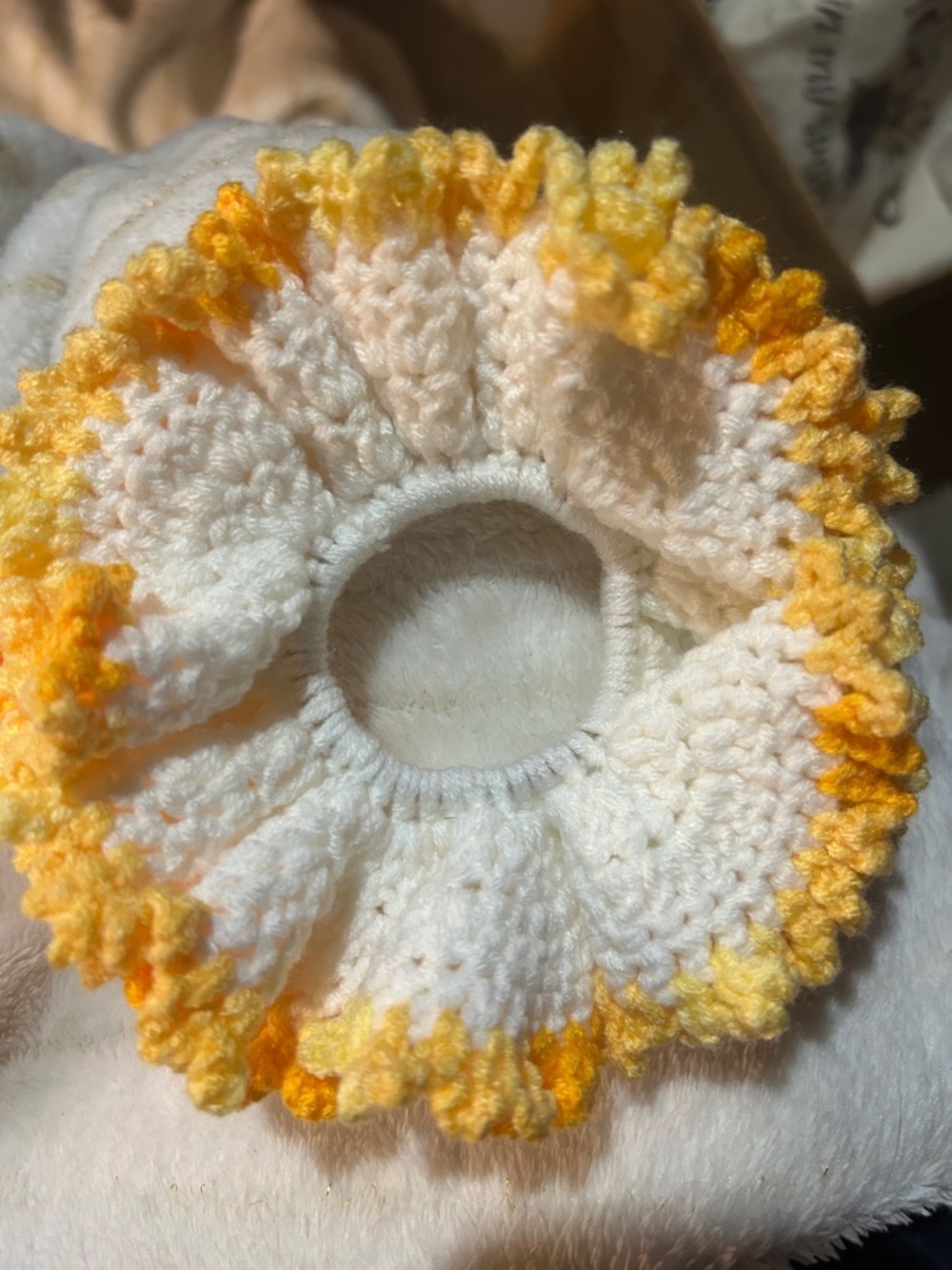 Hand Crafted Cream and Yellow Crocheted Ruffle Hair Scrunchie